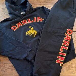 Darling Black Crewneck Hoodie and Sweatpants with Red and Yellow Rodeo Graphic